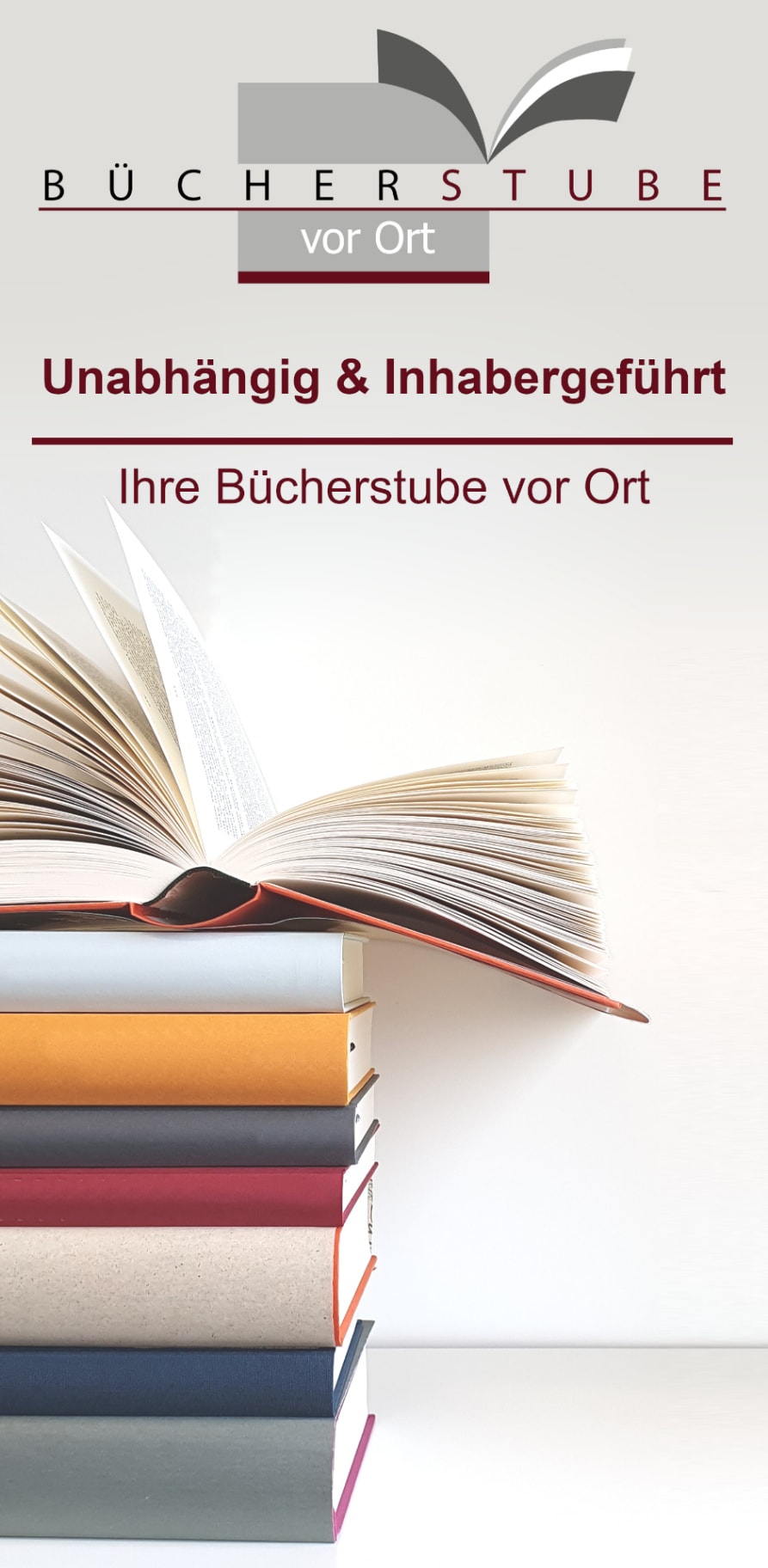 man sieht einen Bücherstapel und das Logo der Buchhandlung, per Klick landet man bei Infos über die Buchhandlung